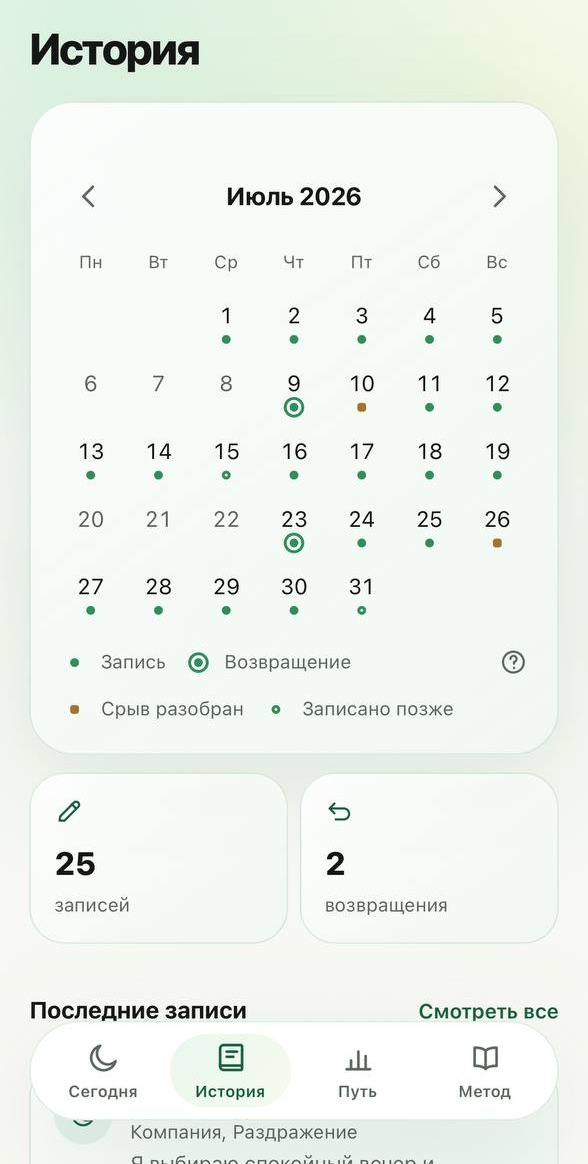 Экран приложения: календарь записей